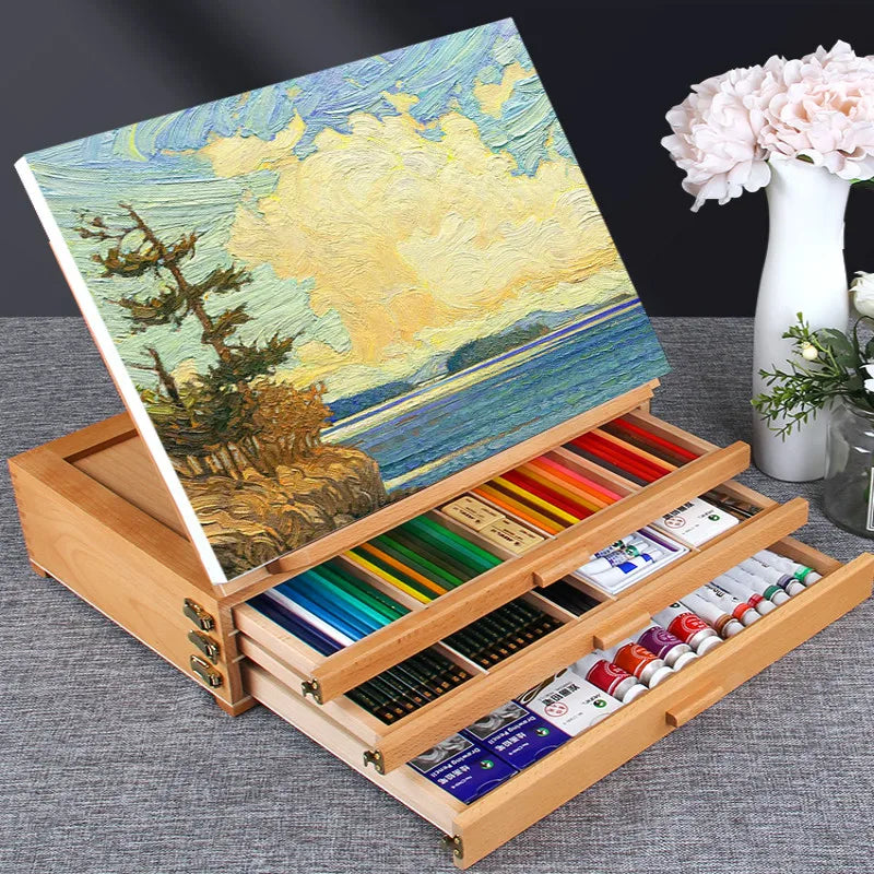 AOOKMIYA Drawer Wooden Table Easels Artist Painting Easel Portable Des