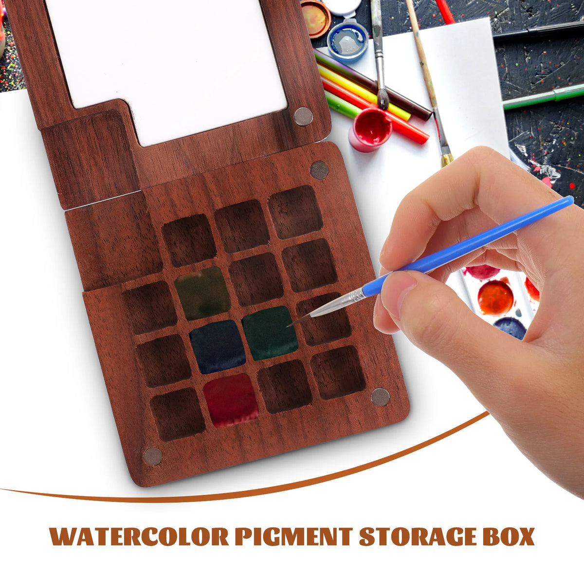 15 Grid Wooden Paint Palette with Lid, Mini Watercolor Paint Palette,  Portable