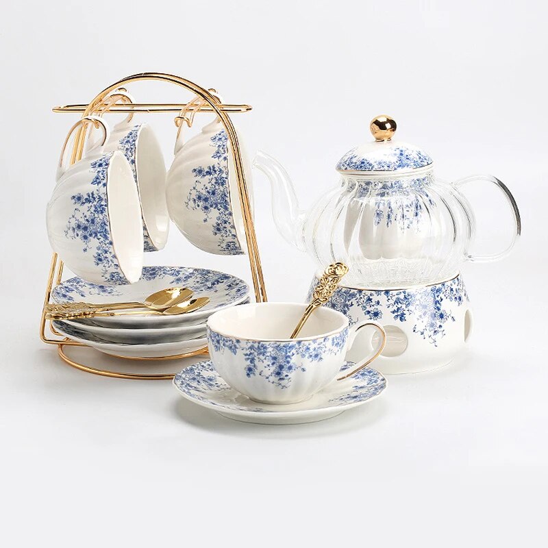 Flower Tea Set Glass Tea Pot Fruit Tea Pot English Afternoon Tea Set With  One Iron Frame, One Pot, One Base, Six Cups, Six Saucers And Six Spoons, In  Pink