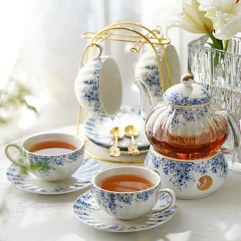 Flower Tea Set Glass Tea Pot Fruit Tea Pot English Afternoon Tea Set With  One Iron Frame, One Pot, One Base, Six Cups, Six Saucers And Six Spoons, In  Pink