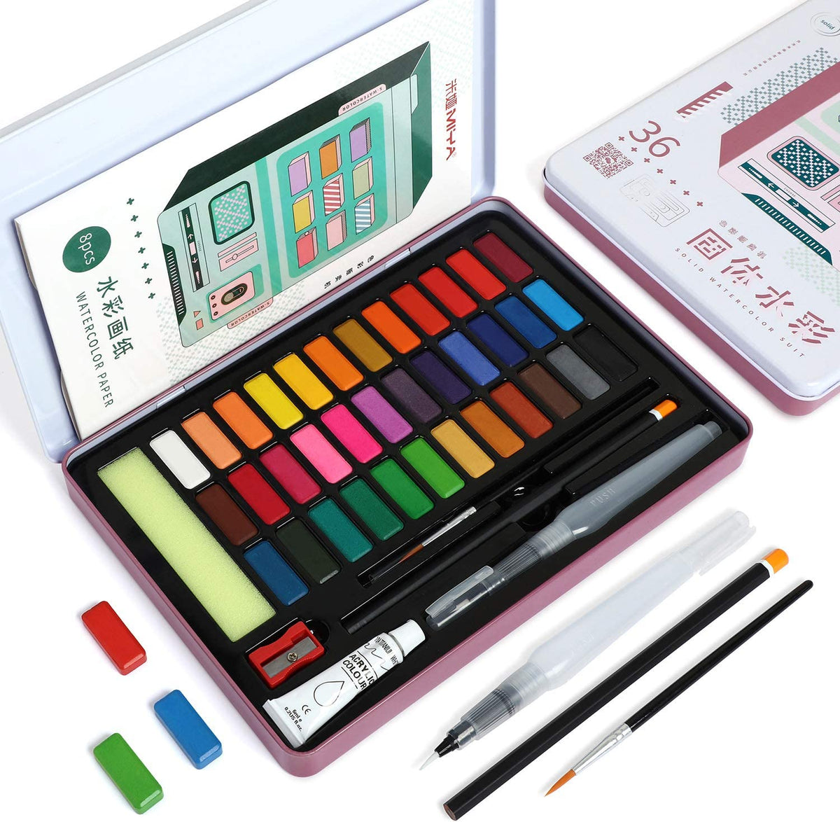 48 Watercolor Paints Set, Art Supplies Portable Watercolor Paint Kit - 2 Refillable Special Water Brush Pens, Sponge and Watercolor Palette