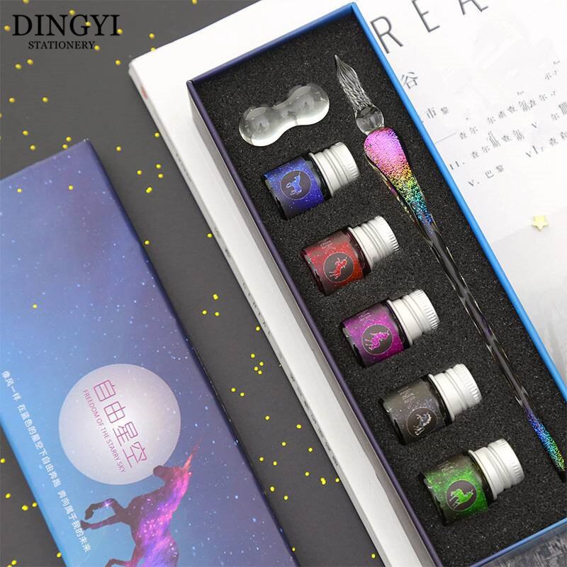 Rainbow Glass China Rainbow Glass Pen Stationery Writing Supplies Gift Caligraphy Pen Ink Bottle Set