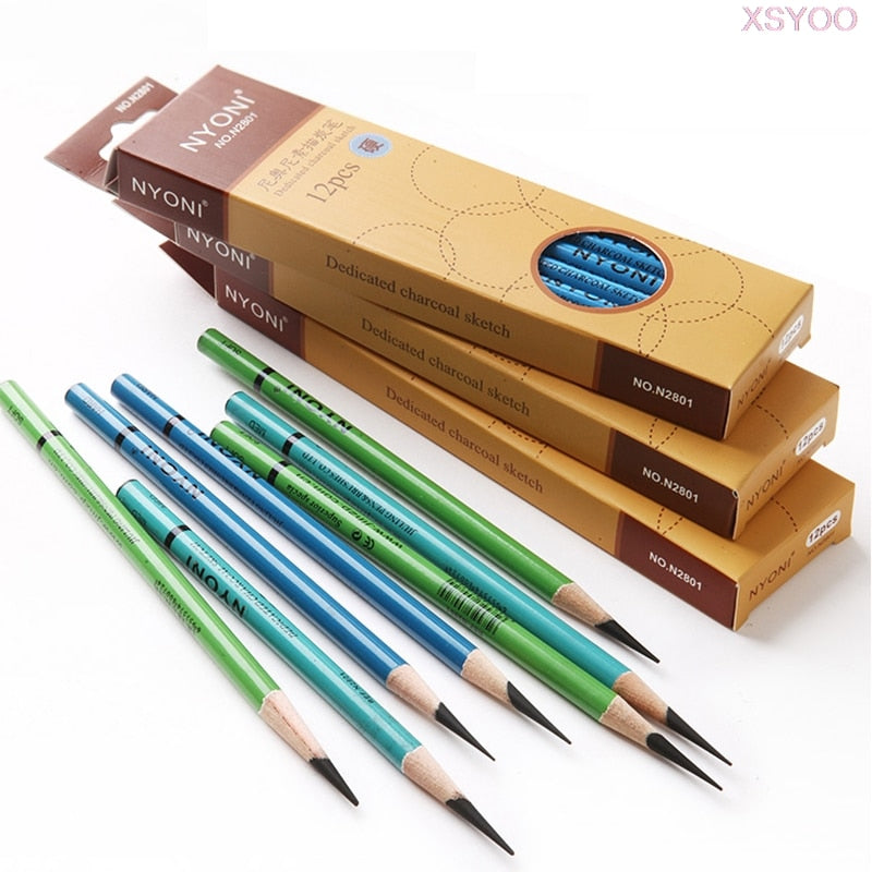 NYONI 12pcs Charcoal Pencil Black Soft/Medium/Hard Carbon Pencil