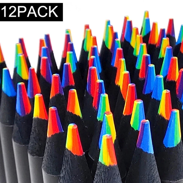 1/12Pack Rainbow Colored Pencils Multicolored 7 in 1 Black Wooden Bulk Rainbow Pencils Art Supplies Drawing Coloring Sketching