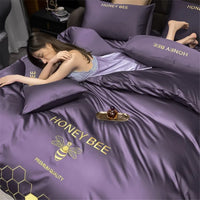100% Cotton Luxury Bedding Set Bee Embroidery Solid Color Purple Comforter Covers 3/4 Piece Set Soft Highend Bedclothes