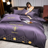 100% Cotton Luxury Bedding Set Bee Embroidery Solid Color Purple Comforter Covers 3/4 Piece Set Soft Highend Bedclothes