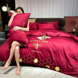 100% Cotton Luxury Bedding Set Bee Embroidery Solid Color Red Comforter Covers 3/4 Piece Set Soft Highend Quilt Cover