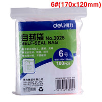 100pcs/Bag Deli 3022-3029 PE self seal bag 100x70mm 140x100 200x140mm 340x240mm self sealling packing bag PP bag 0.04mm thick