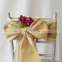 100pcs Hessian Jute Burlap Chair Sash with Lace at Side for Rustic Wedding Decoration