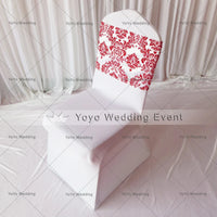 100pcs Hot Sale Red And White Flocking Taffeta Damask Chair Sash With Double Side Satin Ribbon For Wedding/Party Decoration