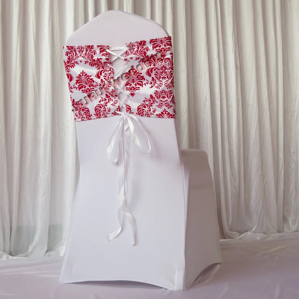 100pcs Hot Sale Red And White Flocking Taffeta Damask Chair Sash With Double Side Satin Ribbon For Wedding/Party Decoration