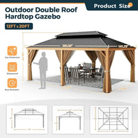 AOOKMIYA 12' x 20' Hardtop Gazebo, Outdoor Wood Grain Aluminum Gazebo with Galvanized Steel, Gazebo Canopy with Netting and Curtains