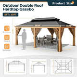AOOKMIYA 12' x 20' Hardtop Gazebo, Outdoor Wood Grain Aluminum Gazebo with Galvanized Steel, Gazebo Canopy with Netting and Curtains