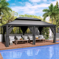 AOOKMIYA 12' x 20' Hardtop Gazebo, Outdoor Wood Grain Aluminum Gazebo with Galvanized Steel, Gazebo Canopy with Netting and Curtains