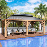 AOOKMIYA 12' x 20' Hardtop Gazebo, Outdoor Wood Grain Aluminum Gazebo with Galvanized Steel, Gazebo Canopy with Netting and Curtains