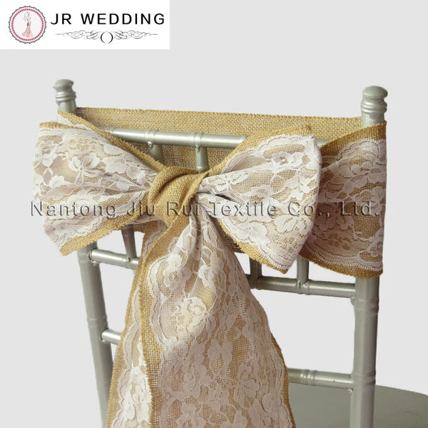 120 pcs  Free Shipping 15cm W * 275cm L Burlap Hessian Jute and Lace Chair Sash for Vintage Rustic Wedding