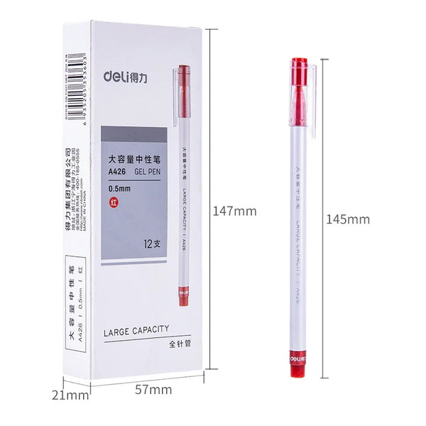 12PCS Deli A426 full syringe gel pen student exam with 0.5 black large capacity black red carbon signature pen