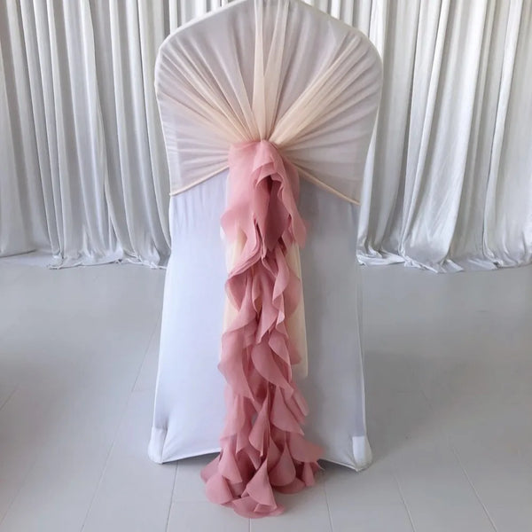 200 PCS Pre tied Romatic Voile Chiffon Chair Sash Ruffled Banquet  Chair Cover & Hood Cruly Willow