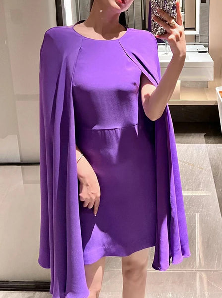 AOOKDRESS 2023 Autumn Heavyweight Silk Women Clothes Cloak Sleeves Elegant Purple Party Dress Fashion Bodycon Mini Evening Dresses