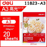 20sheets/Lot Deli Glossy photo paper A4(210x297mm) A3(297x420mm) 200g 230g Photo paper color ink jet paper