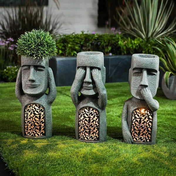 21"Garden Art with Planter,Set of 3 See,Speak No Evil Easter Island Garden Solar Statues,Outdoor Sculpture  with Solar Light