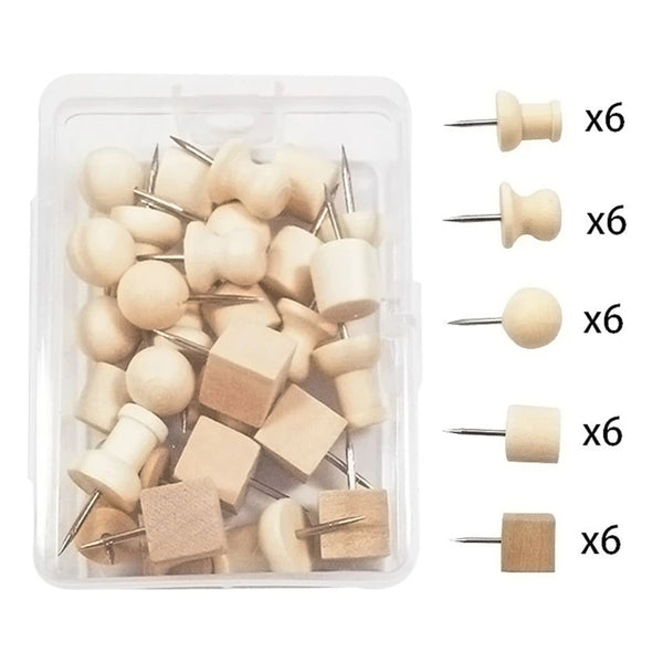 30 Pcs Creative Wooden Push Pin Set Paper Photo Memo Document Steel Tack Postcard Push Pin for Home DIY Photo Wall