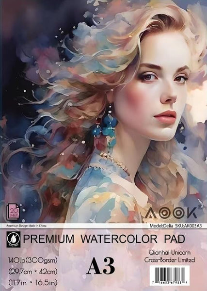 AOOK A3 watercolor Pad, 11.69X16.53 "(140lb/300GSM) 20 sheet mixed paper mat, top packaging, fine texture, suitable for watercolor, watercolor, and acrylic art mats. (1PCS Multicolor)