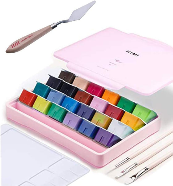 AOOK HIMI Gouache Paint Set Jelly Cup 24 Vibrant Colors Non Toxic Paints with Portable Case Palette for Artist Canvas Painting Watercolor Papers, Rich Pigment, (28 PINK 24+3+1DAO)