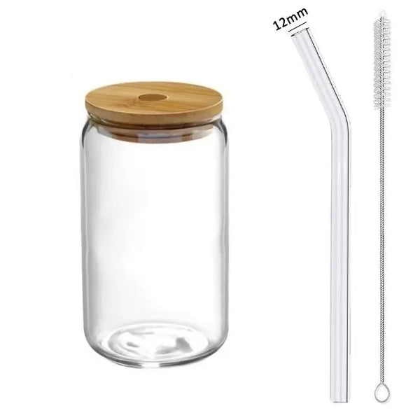 Reusable Straw Smoothie Glass Cup Straw mug Bubble Tea Milk Fruit Drinking  Mug Clear Mason Cup with Wooden Lid