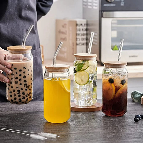550ml Glass Cup With Bamboo Lids and Straw Transparent Bubble Tea Cup Juice  Glass Beer Can Milk Coffee Cups Breakfast Mocha Mugs