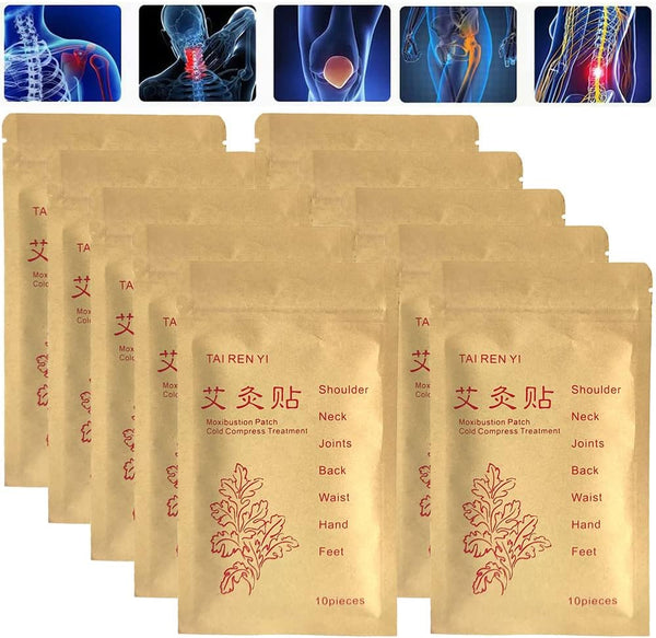 (100pcs) Moxibustion Patches 艾灸贴 Pure Nature Moxa Sticker Foot Pads Chinese Traditional Paste for Neck, Shoulder, Back, Waist, Hand, Feet, Joint, 7 * 10cm, Pack of 10