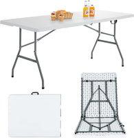 180 cm Folding Table, 150 kg Portable & Lightweight Camping Table with Carrying Handle, Heavy-duty Steel Frame, Indoor& Outdoor Fold-in-Half Utility Table for Picnic, Camping, BBQ, Work, White