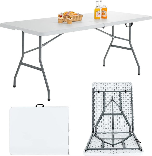 180 cm Folding Table, 150 kg Portable & Lightweight Camping Table with Carrying Handle, Heavy-duty Steel Frame, Indoor& Outdoor Fold-in-Half Utility Table for Picnic, Camping, BBQ, Work, White