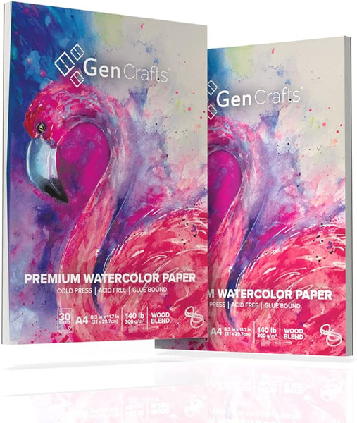 GenCrafts Watercolor Paper Pad 2 Pack - A4 8.3x11.7" - 60 Sheets Total (140lb/ 300gsm) - Cold Press Acid Free Art Sketchbook Pad for Painting & Drawing, Wet, Mixed Media