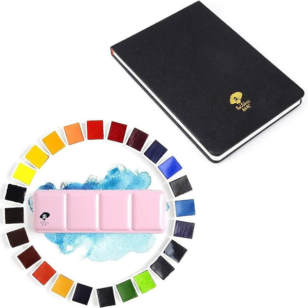 AOOKMIYA  Paul Rubens Professional Watercolor Paint Set Artist Grade, 24 Vivid Colors with Portable Metal Box 100% Cotton Hot Press Watercolor Journal 7.6” x 5.3”, 20 Sheets (140lb/300gsm)