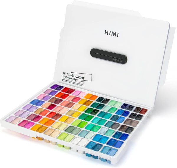 ARTFLY HIMI Gouache Paint Set, 112 Colors x 12g Twin Jelly Cup Design in a Carrying Case, Non-Toxic Gouache Paint for Canvas and Paper, Perfect for Artists, Student, Gouache Opaque Painting(White)