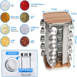 Rotating Spice Rack Set with 20 Spice Jars, Stainless Steel Kitchen Spice Tower Holder Organizer for Countertop Cabinet Garlic Salt Pepper, Carousel Storage Glasses Bottle with 48 Label Funnel Markers