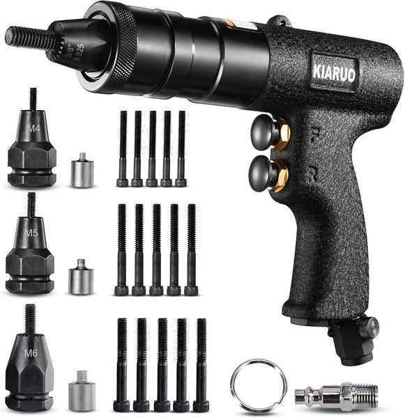 KIARUO Pneumatic Rivet Nut Gun M4,M5,M6 with Replacement Mandrels, RPM 1500 Industrial Grade Pull Rivnut Gun MODEI:LM08 Button Switch