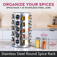 Rotating Spice Rack Set with 20 Spice Jars, Stainless Steel Spice Organizer, Spice Organizer with 48 Label, Funnel and Markers pen for Kitchen Countertops, Cabinets, Garlic, Salt Pepper