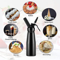 Whipped Cream Dispenser Professional Aluminum Culinary Canister Cream Whipper, Durable Stainless Steel Leak-Free Seals with 3 Decorating Nozzles Cream Foam Maker for Cake Dessert Coffee (500ml, Black)