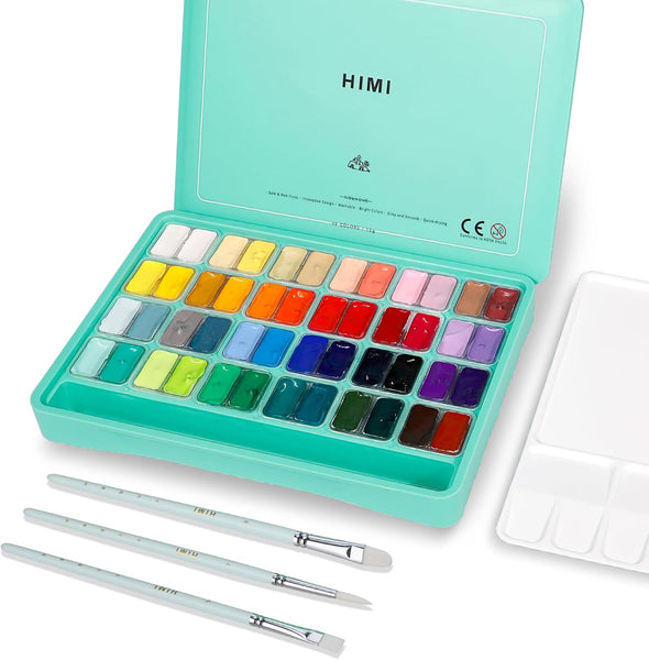 HIMI Twin Cup Jelly Gouache Paint Set, 48 Colors x 12ml/0.4oz with 3 Brushes & a Palette, Non-Toxic, Jelly Guache Paint for Canvas and Watercolor Paper - Perfect for Beginners, Students, Artists