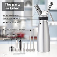 Professional Whipped Cream Dispenser, Durable Metal Cream Whippers, Whipped Cream Maker Canister, Compatible with All Brands of 8-Gram N2O Cartridges- Not Included (Aluminum)