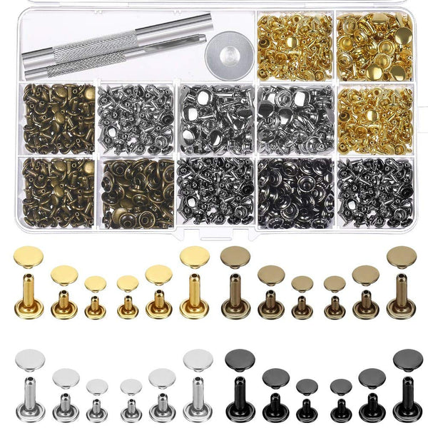 Selizo 480 Sets 4 Colors 3 Sizes Leather Rivets Double Cap Rivet Tubular Metal Studs with 3 Pieces Setting Tool Kit for Leather Craft Repairs Decoration