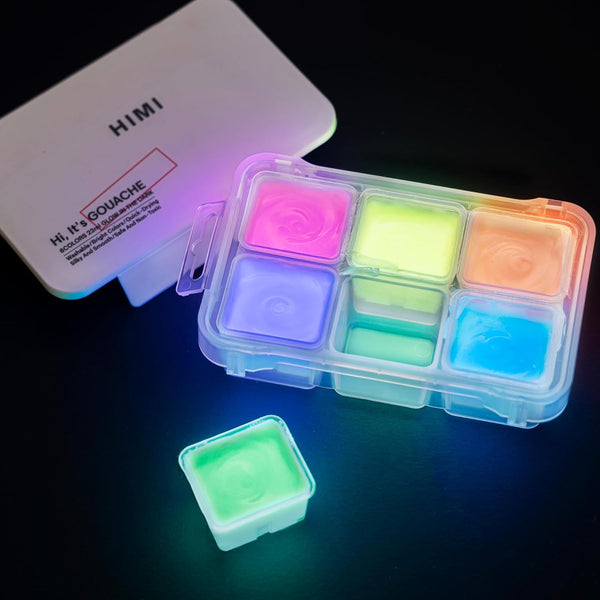 HIMI Glow in The Dark Jelly Gouache Paint Set, 6 Colors 23ml, Jelly Cup Design, Travel carry, Non Toxic Paint for Canvas and Paper, Art Supplies for Professionals