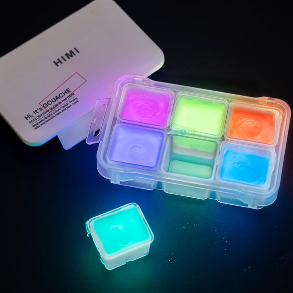 HIMI Gouache Paints Set Glow in The Dark 6 * 23ml Gouache Paint Jelly Cup Design, Non Toxic Paint for Canvas and Paper, Art Supplies for Professionals