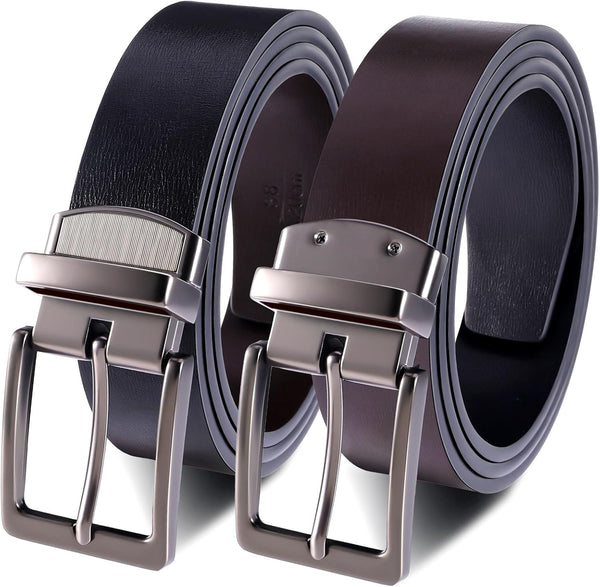 Zuimei Mens Reversible Leather Belt, Men's Belt with Rotated Buckle, Adjustable Trim to Fit, Great for Suits, Jeans, Casual & Business Work, Black & Coffee