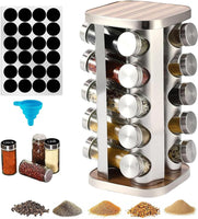 Rotating Spice Rack Set with 20 Spice Jars, Stainless Steel Kitchen Spice Tower Holder Organizer for Countertop Cabinet Garlic Salt Pepper, Carousel Storage Glasses Bottle with 48 Label Funnel Markers