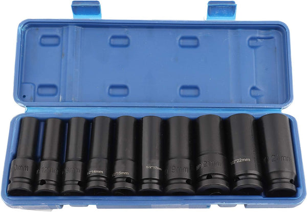 Impact Socket Set 1/2in Drive Hex Socket Chrome Molybdenum Steel Impact Socket Replacement Heavy Duty Tool, Set of 10 Pieces