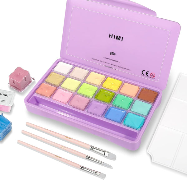 HIMI Pastel Gouache Paint Set, 18 Pastel Colors x 30ml/1oz with 3 Brushes & a Palette, Non-Toxic, Jelly Guache Paint for Canvas and Watercolor Paper - Perfect for Beginners, Students, Artists