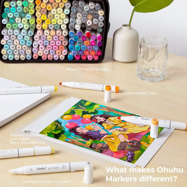 120-Color Alcohol Art Markers Set, Ohuhu Dual Tip Brush & Chisel